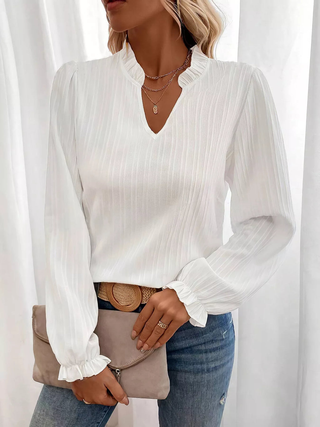 Ruffle Notched Long Sleeve Blouse