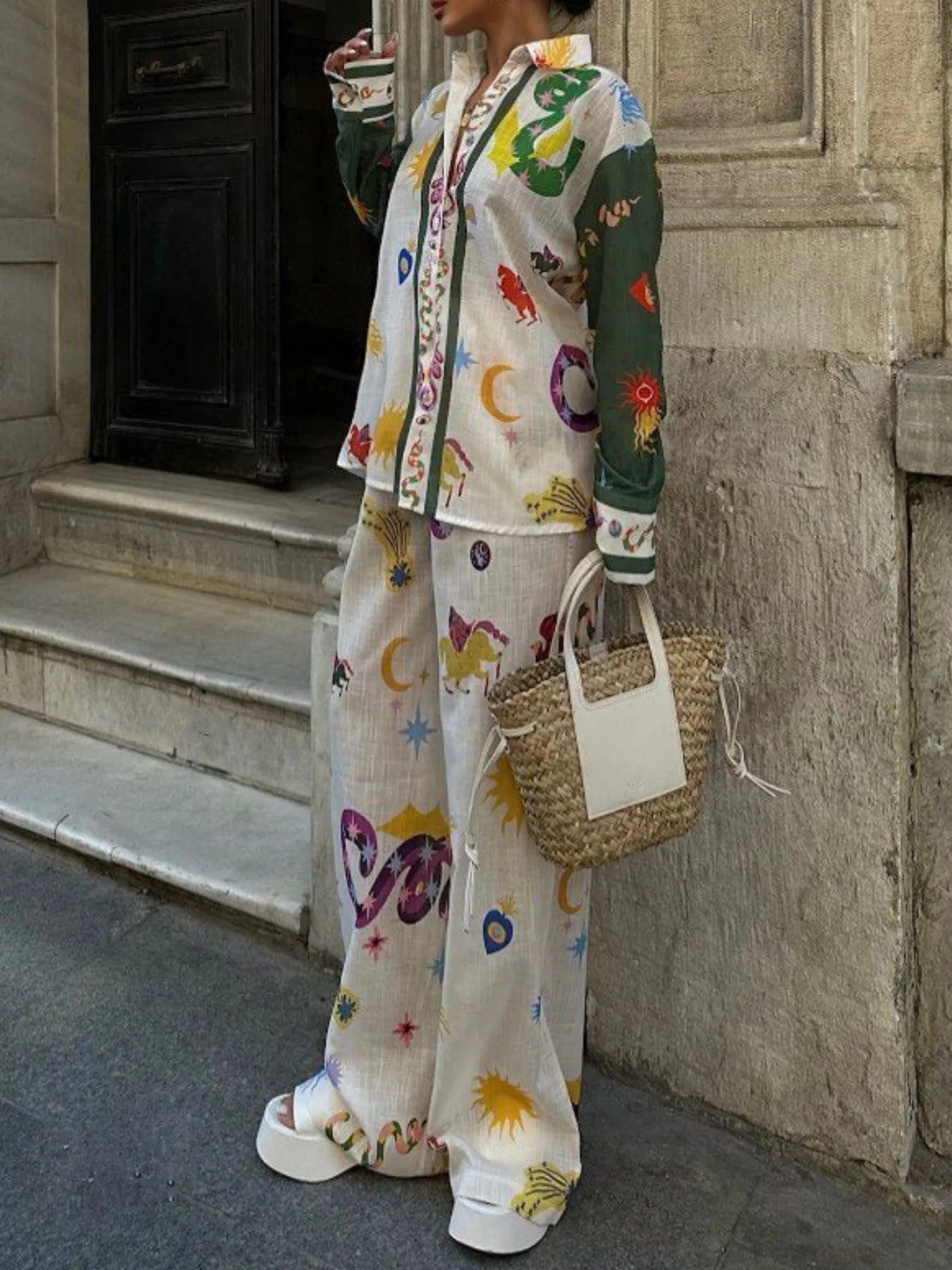 Printed Button Down Shirt and Pants Set
