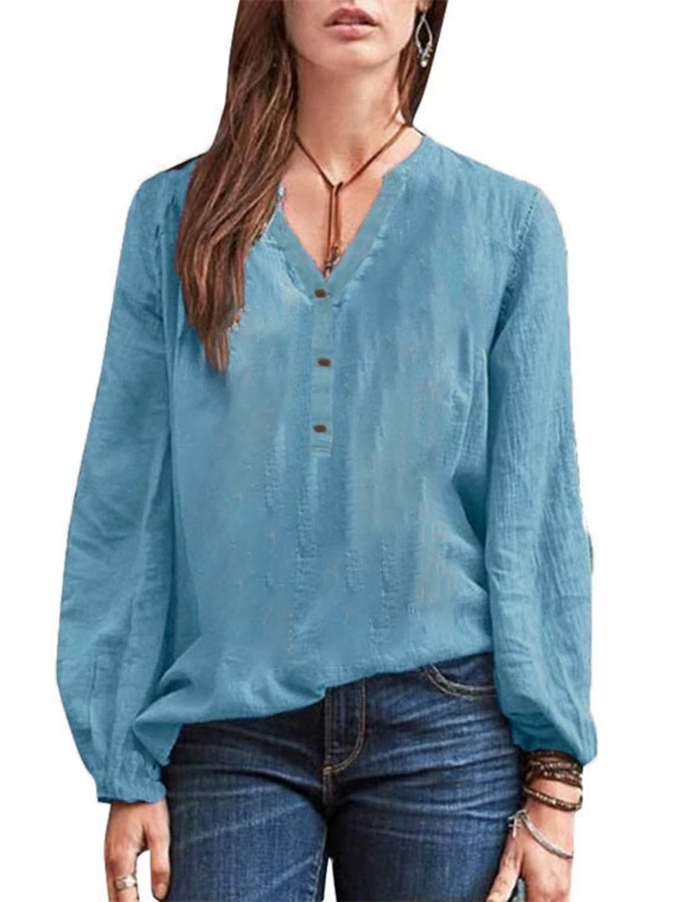 Full Size Notched Long Sleeve Blouse Plus Size