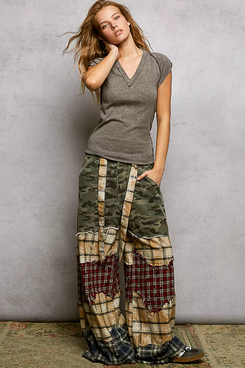 POL V-Neck Short Sleeve Washed T-Shirt with Outseam