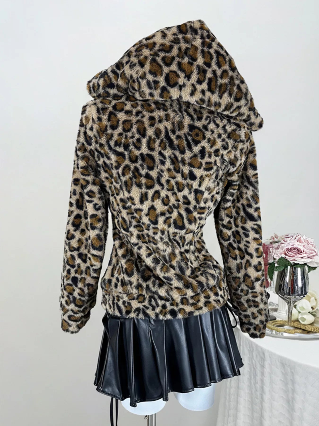 Leopard Plush Zip-Up Hooded Outerwear