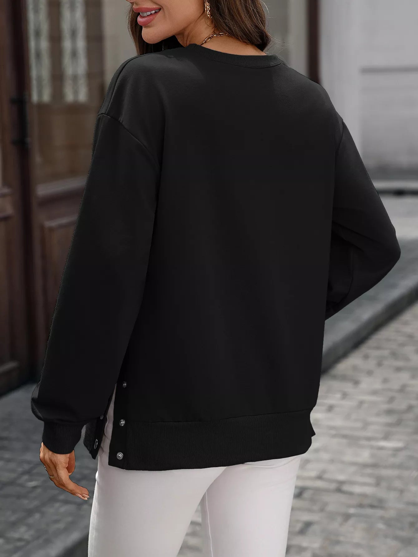 Side Snap Round Neck Sweatshirt