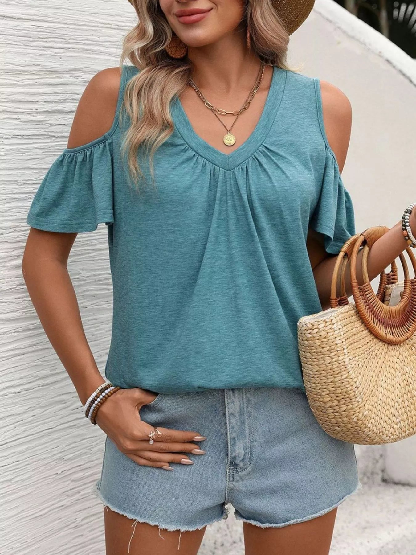 Cold Shoulder V-Neck T-Shirt