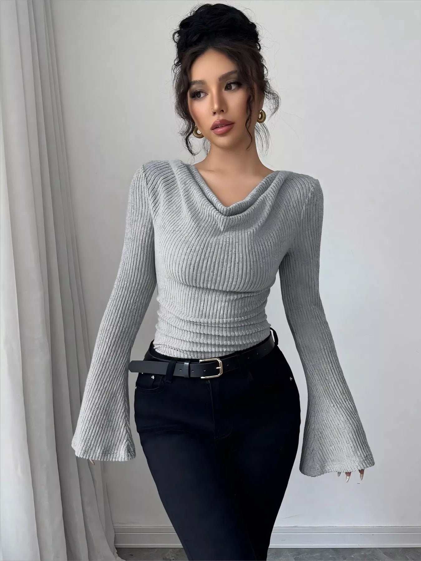 Cowl Neck Flare Sleeve Top