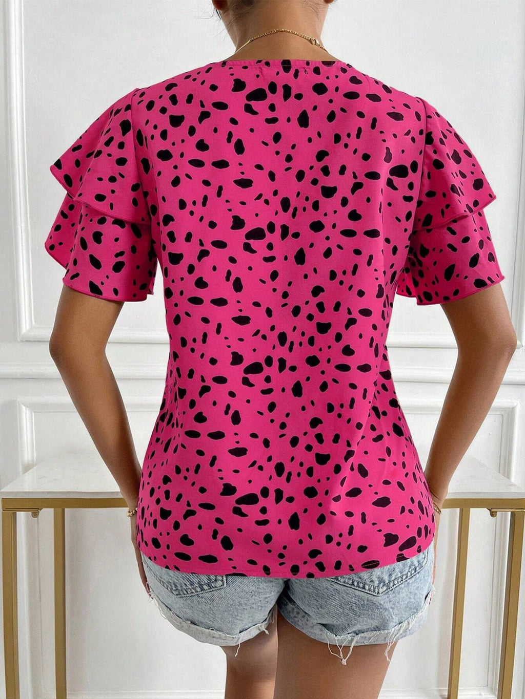 Animal Print Ruffle Sleeve Blouse