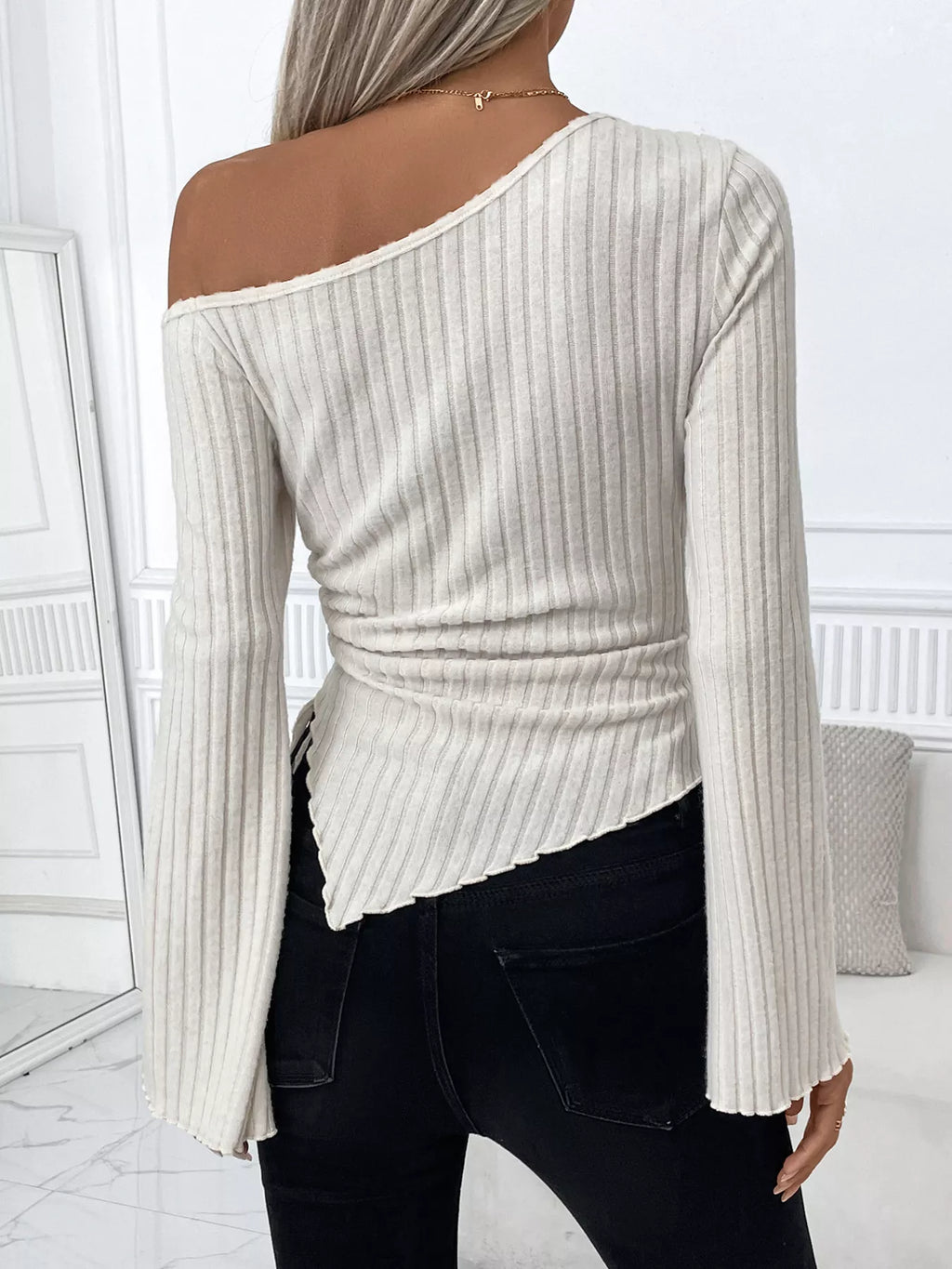 Ribbed One Shoulder Asymmetrical Hem T-Shirt