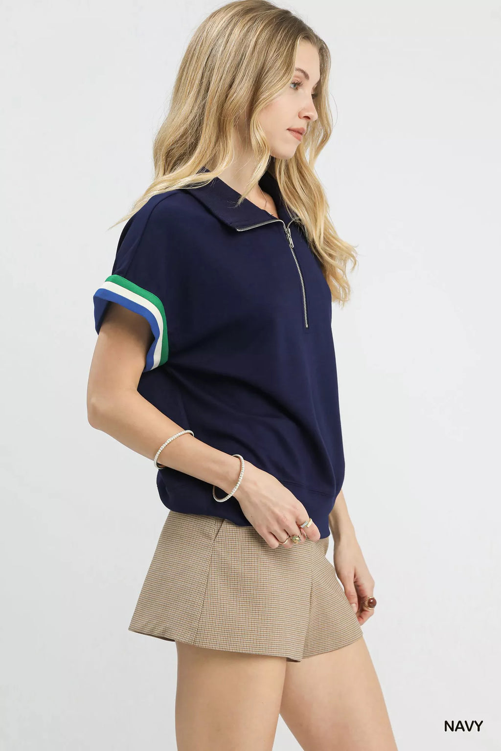 Umgee Zip Front Casual Top with Contrast Stripe Trim