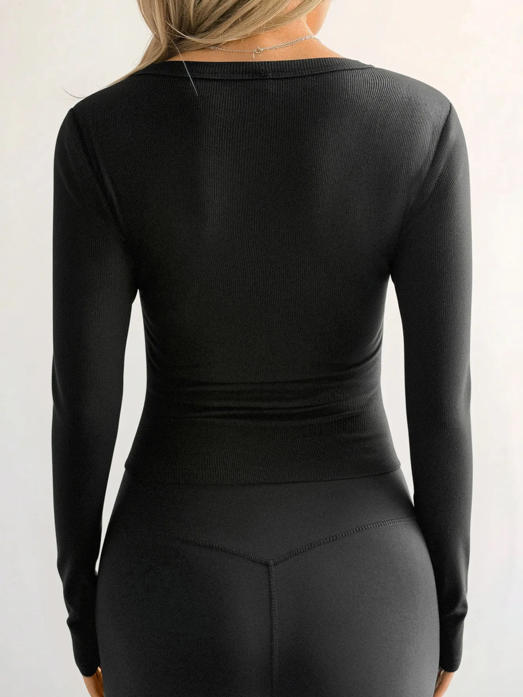 Ribbed V-Neck Long Sleeve T-Shirt