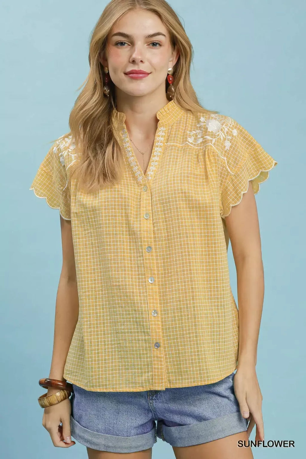 Umgee Embroidered Print Scallop Sleeve Button Front Blouse