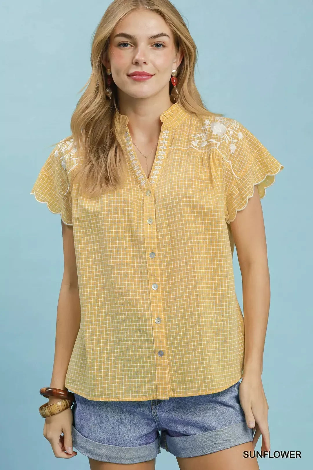 Umgee Embroidered Print Scallop Sleeve Button Front Blouse