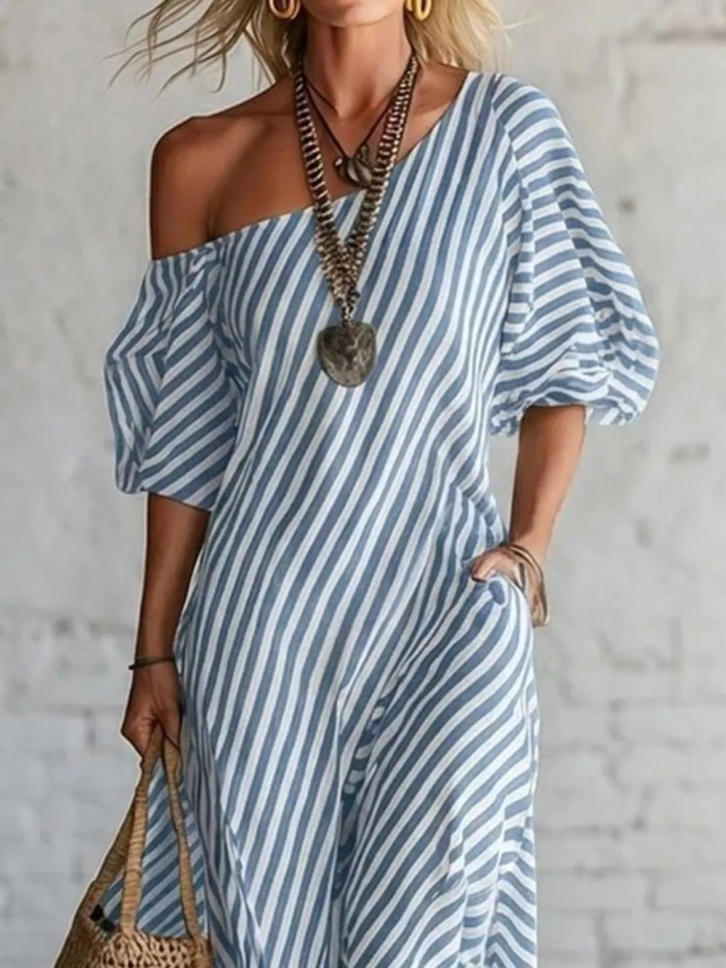 Full Size Striped One-Shoulder Casual Maxi Dress Plus Size