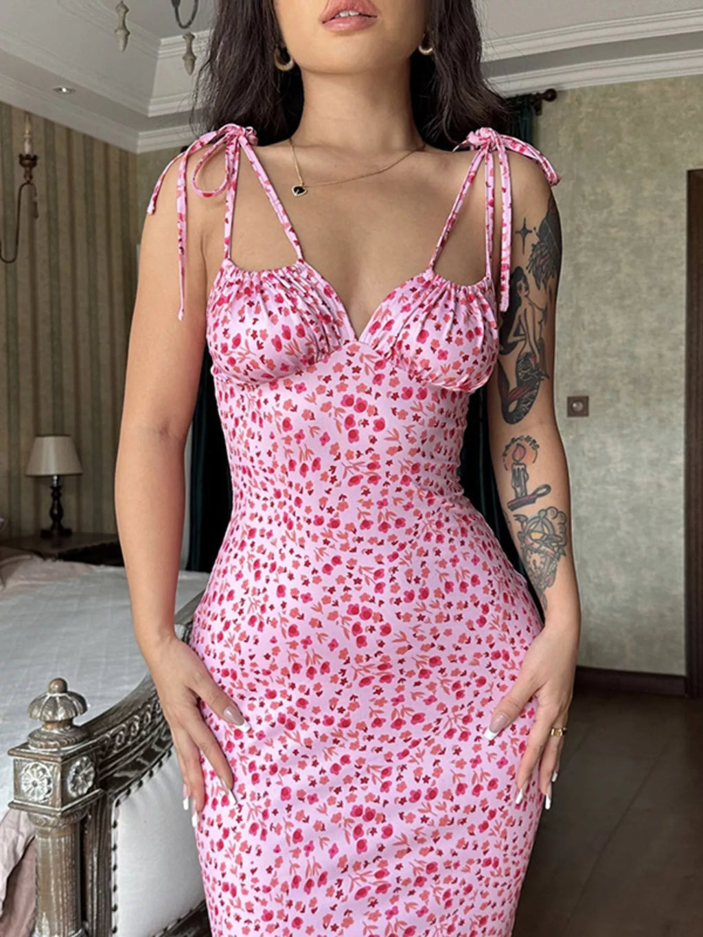 Floral Print Tie Strap Bodycon Maxi Dress