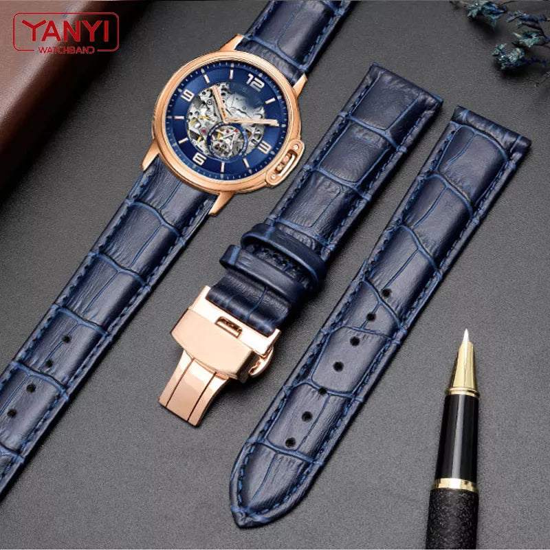 ⌚✨ Genuine Leather Dark Blue Watch Strap with Butterfly Clasp ✨⌚