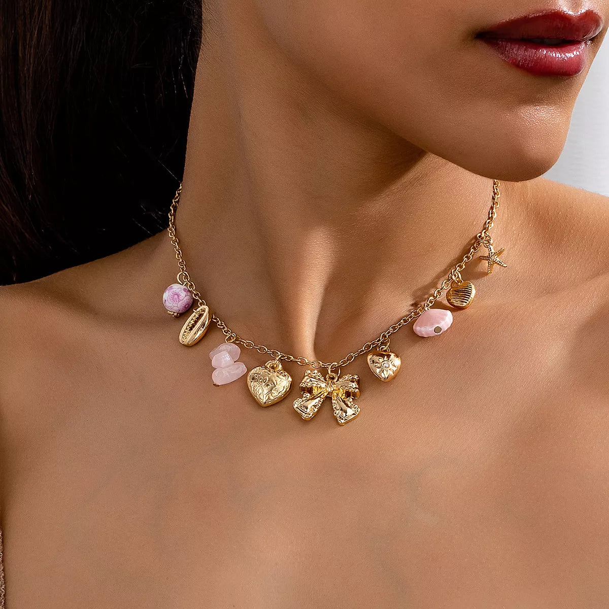 Heart and Butterfly Bow Ocean Multi-Pendant Necklace