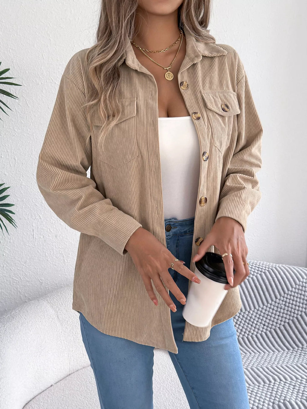 Casual Corduroy Button-Up Shacket