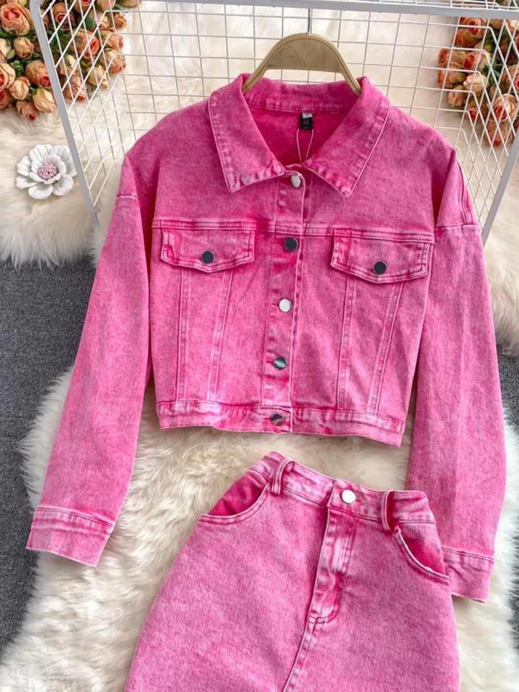 Button Up Jacket and Slit Skirt Denim Set