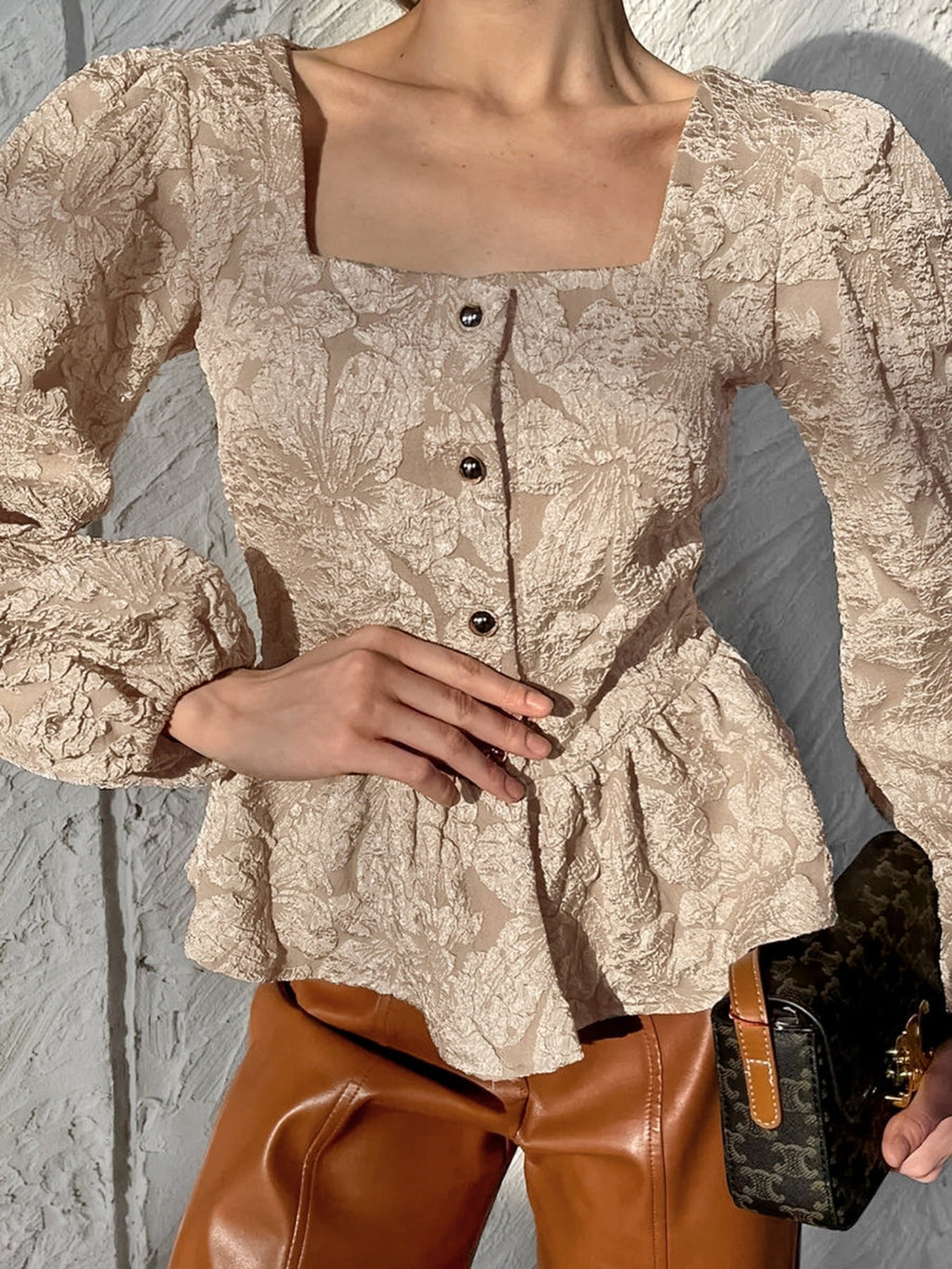 Textured Square Neck Balloon Sleeve Shirt
