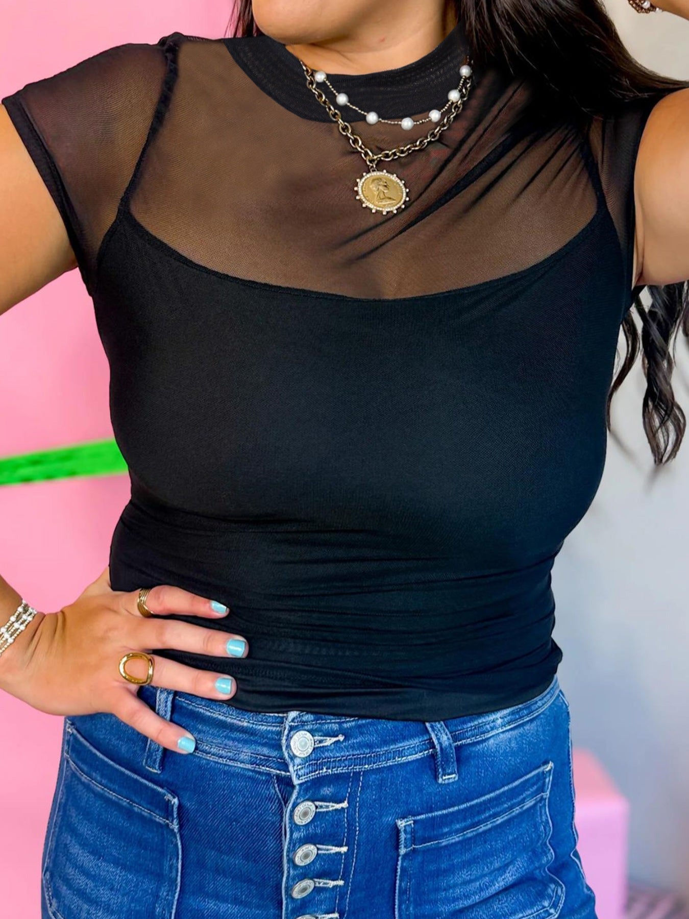 Sheer Mesh Patchwork Cap Sleeve T Shirt