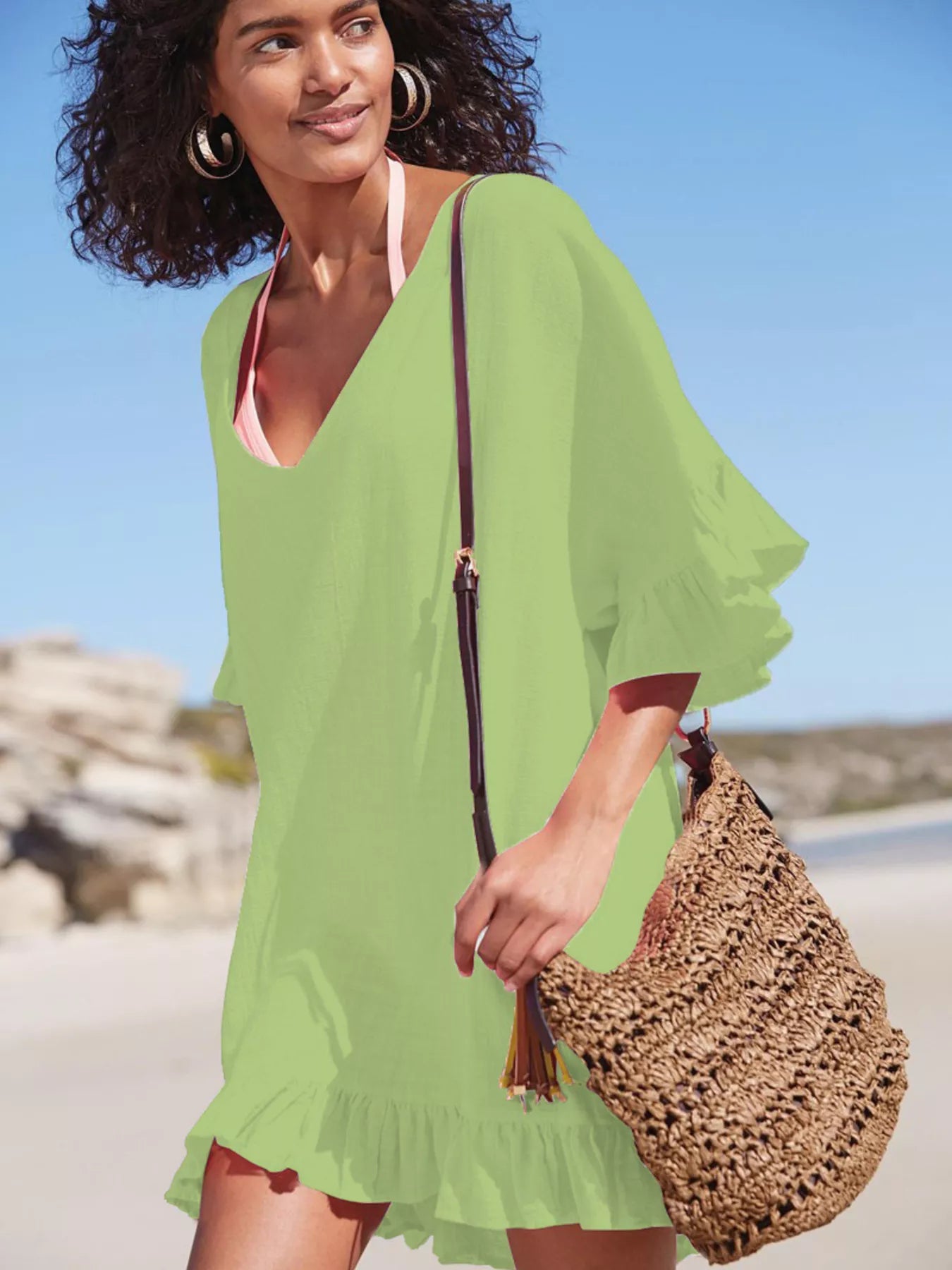 Ruffled Trim V-Neck Cover-Up Dress