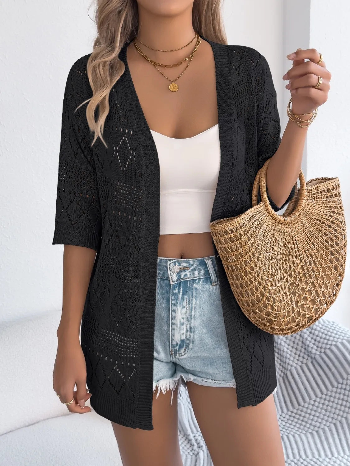 Openwork Open Front Half Sleeve Cardigan