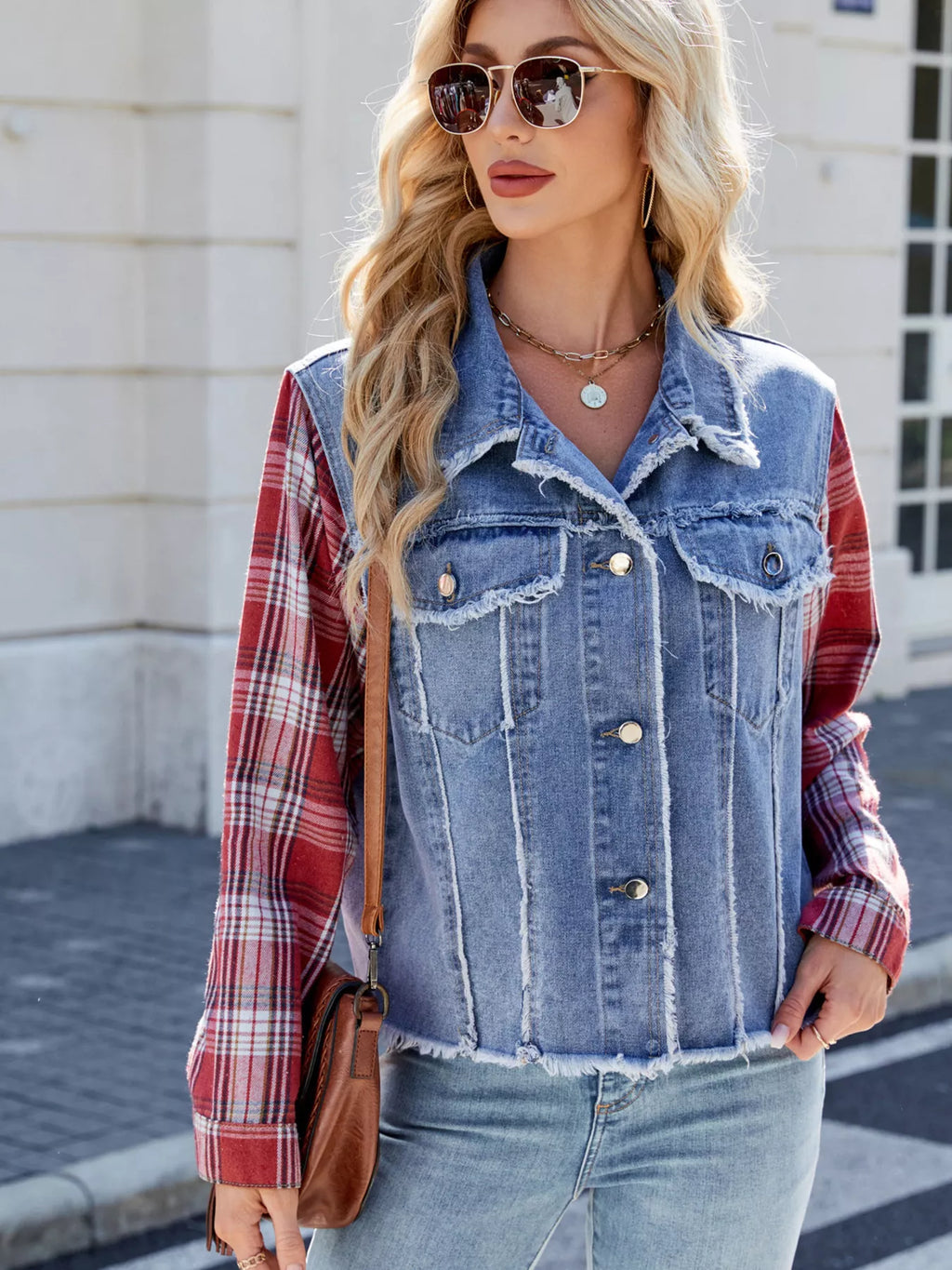 Raw Hem Plaid Sleeve Denim Jacket