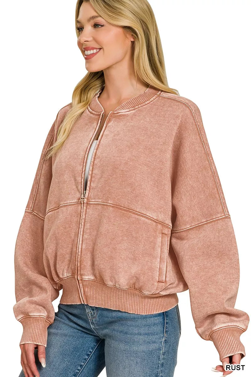 Zenana Acid Washed Fleece Jacket