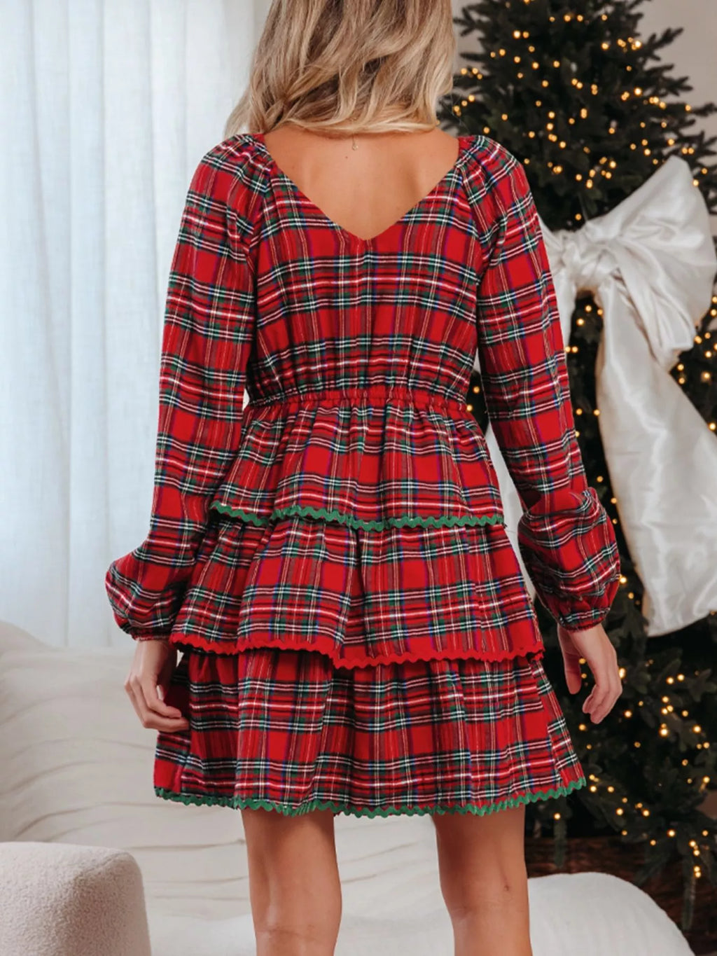 Plaid Print Ricrac Tiered Bubble Sleeve Mini Dress