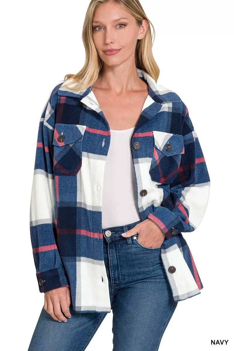 Zenana Oversized Plaid Fleece Shacket