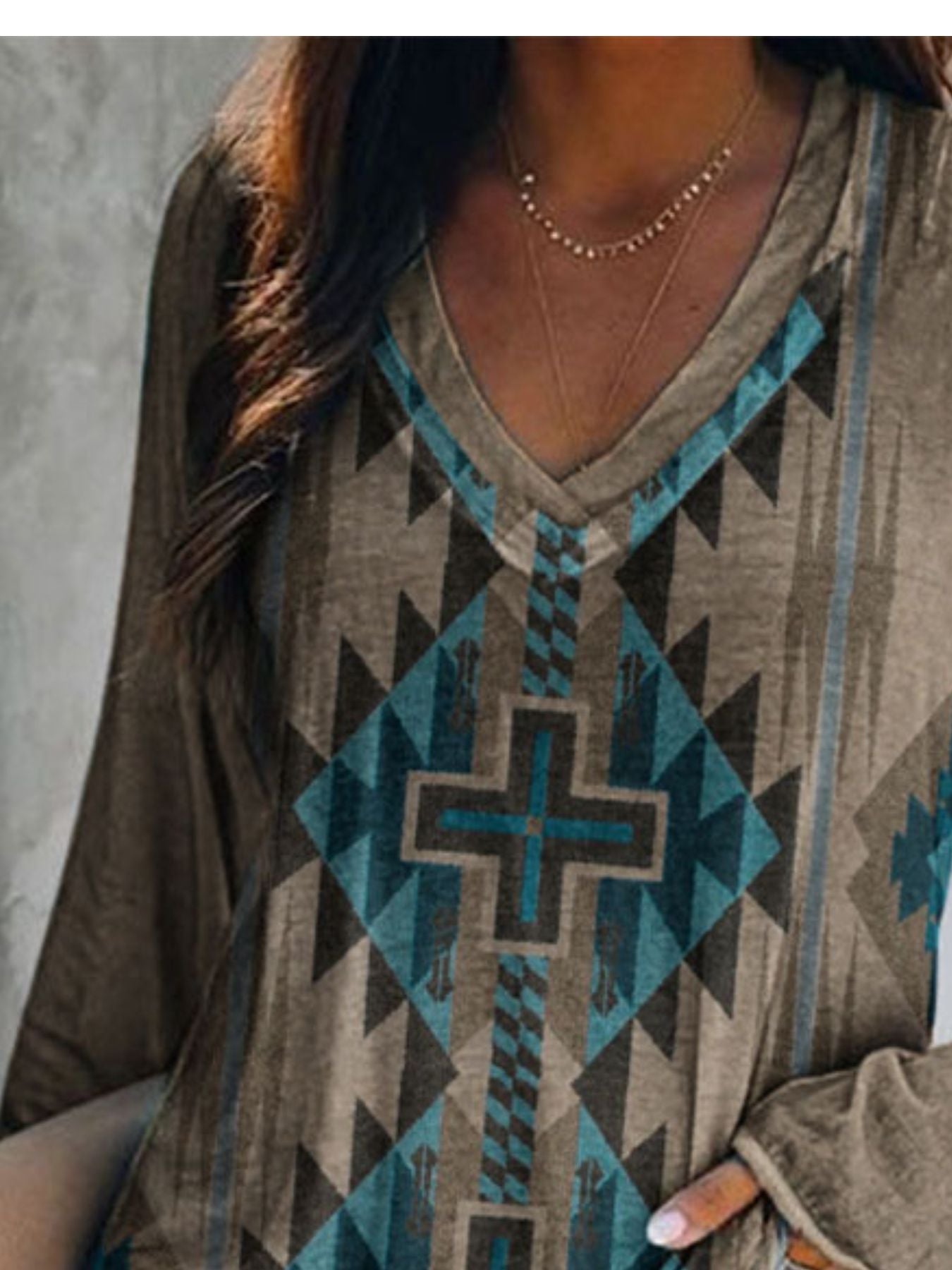 Full Size Geometric V-Neck Long Sleeve T-Shirt Plus Size