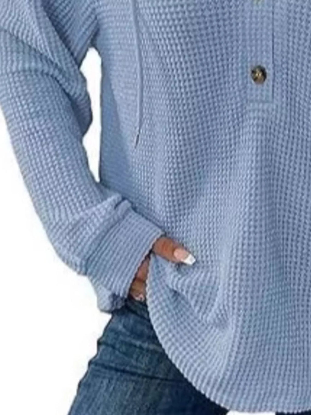 Full Size Button Detail Waffle Knit Hoodie Plus Size