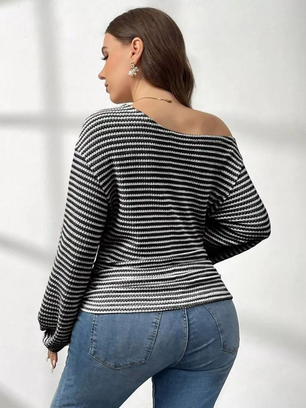 Plus Size Striped One-Shoulder Long Sleeve T-Shirt