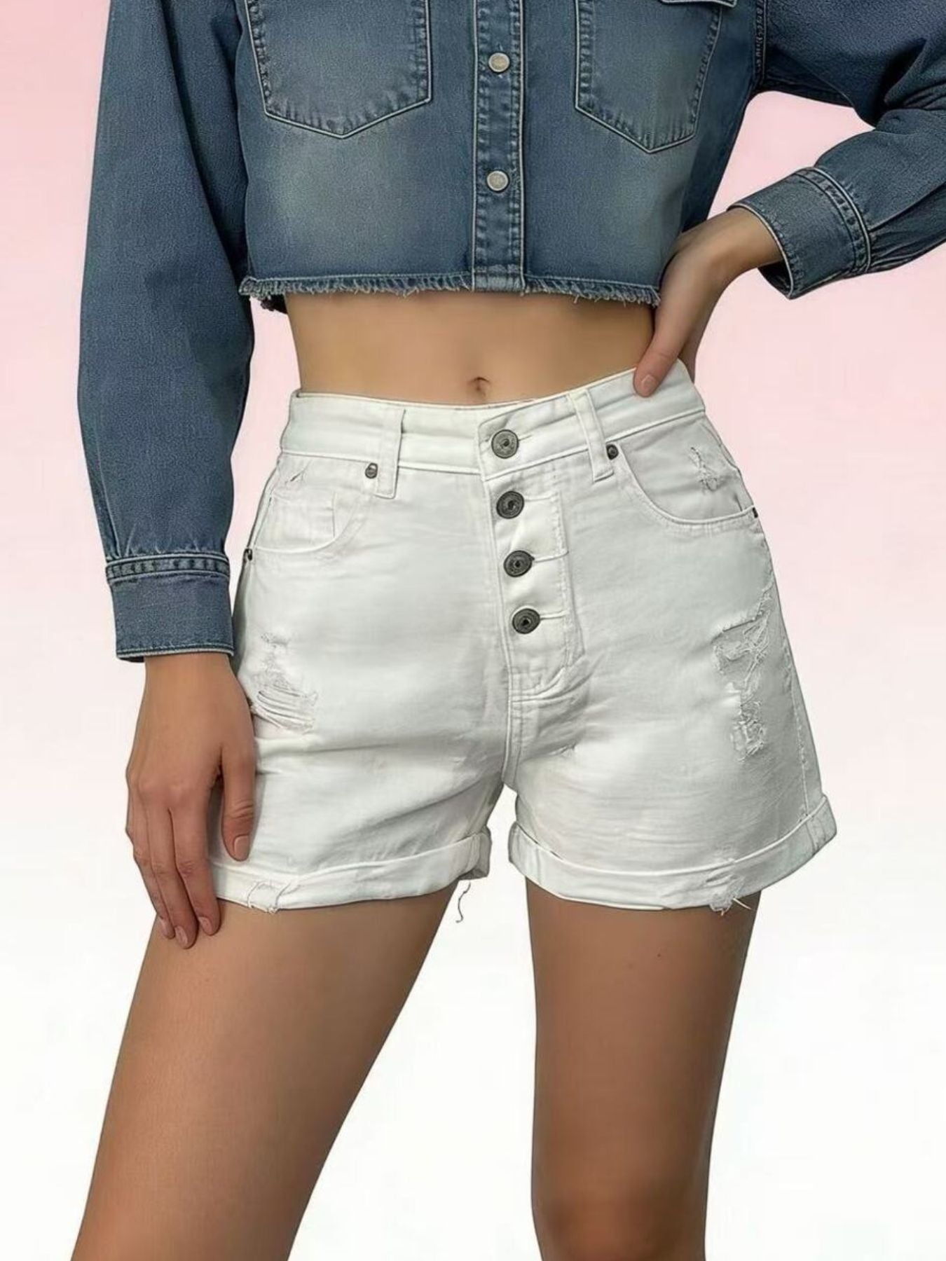 High-Waisted Button-Fly Distressed Denim Shorts