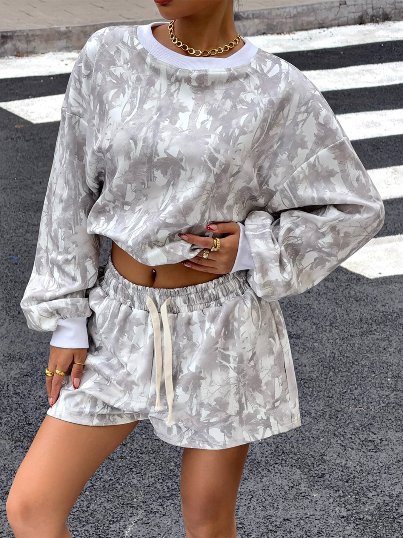 Round Neck Long Sleeve Top & Shorts Set