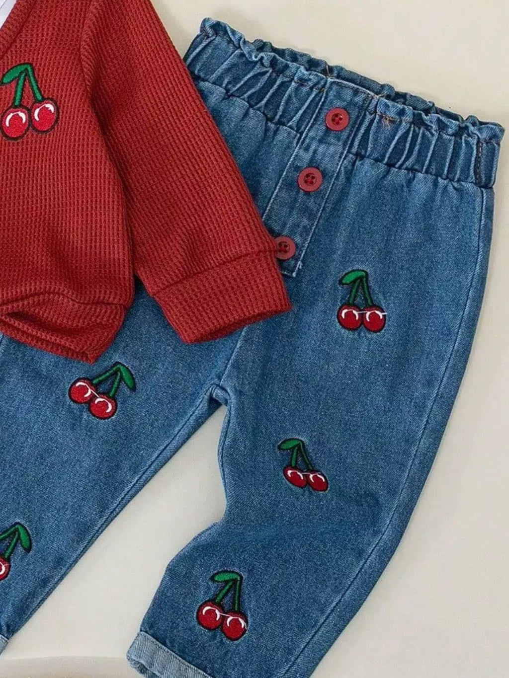 Children's Cherry Embroidered Knit Top and Jeans Set