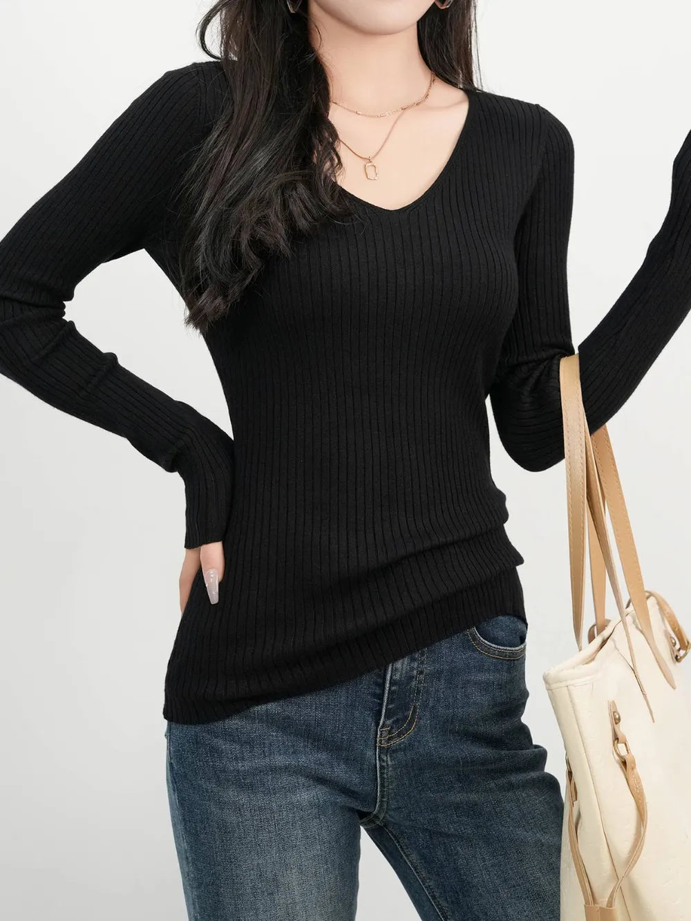 Ribbed V-Neck Long Sleeve Sweater