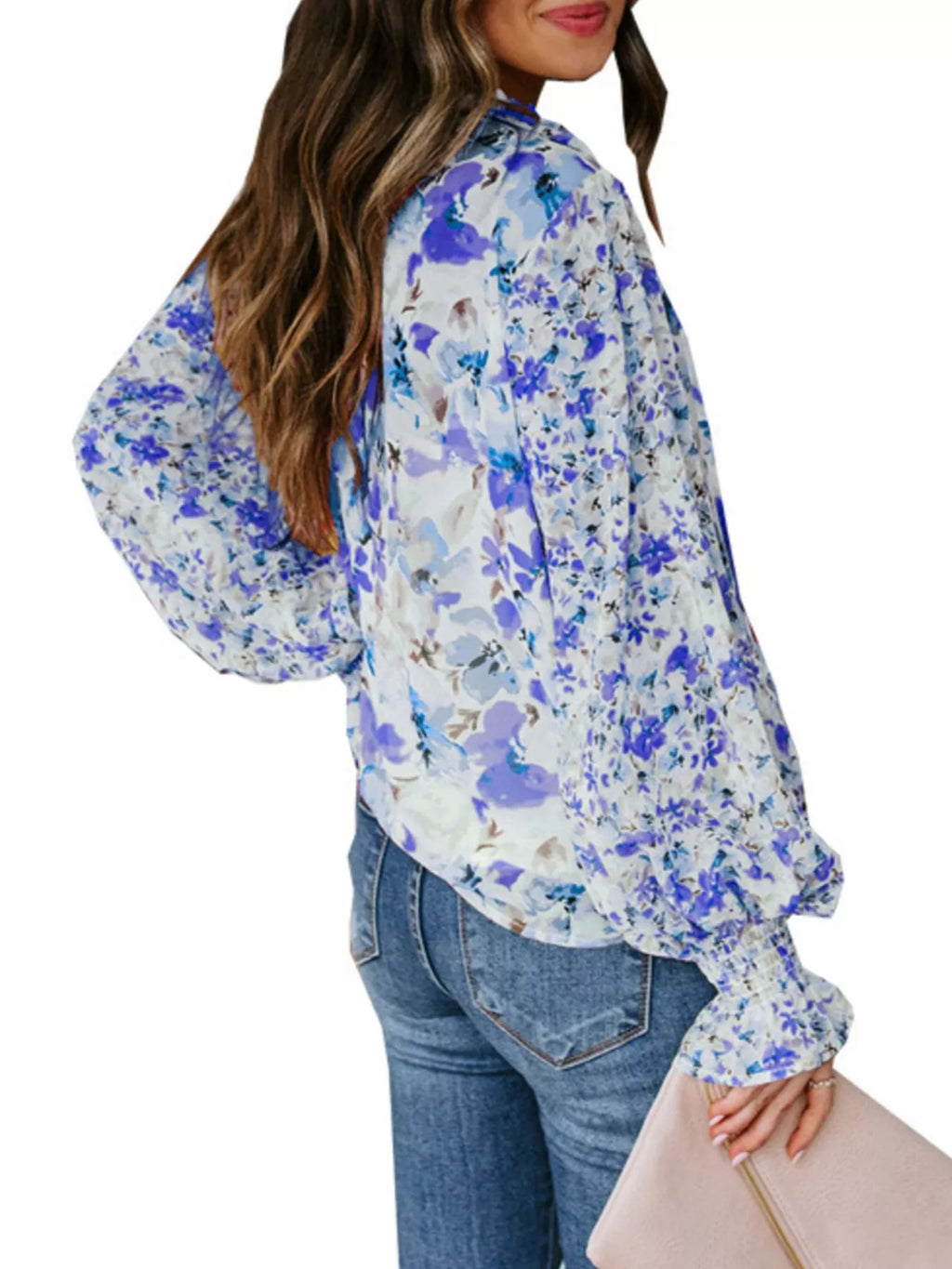 Full Size Floral Print Smocked Cuff Blouse Plus Size