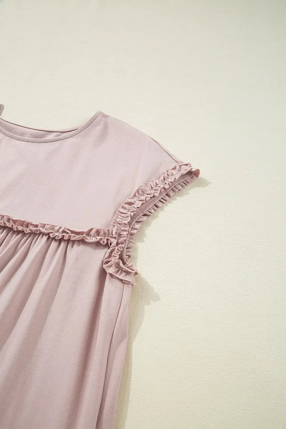 Frilled Trim Crew Neck Cap Sleeve Loose Fit Mini Dress
