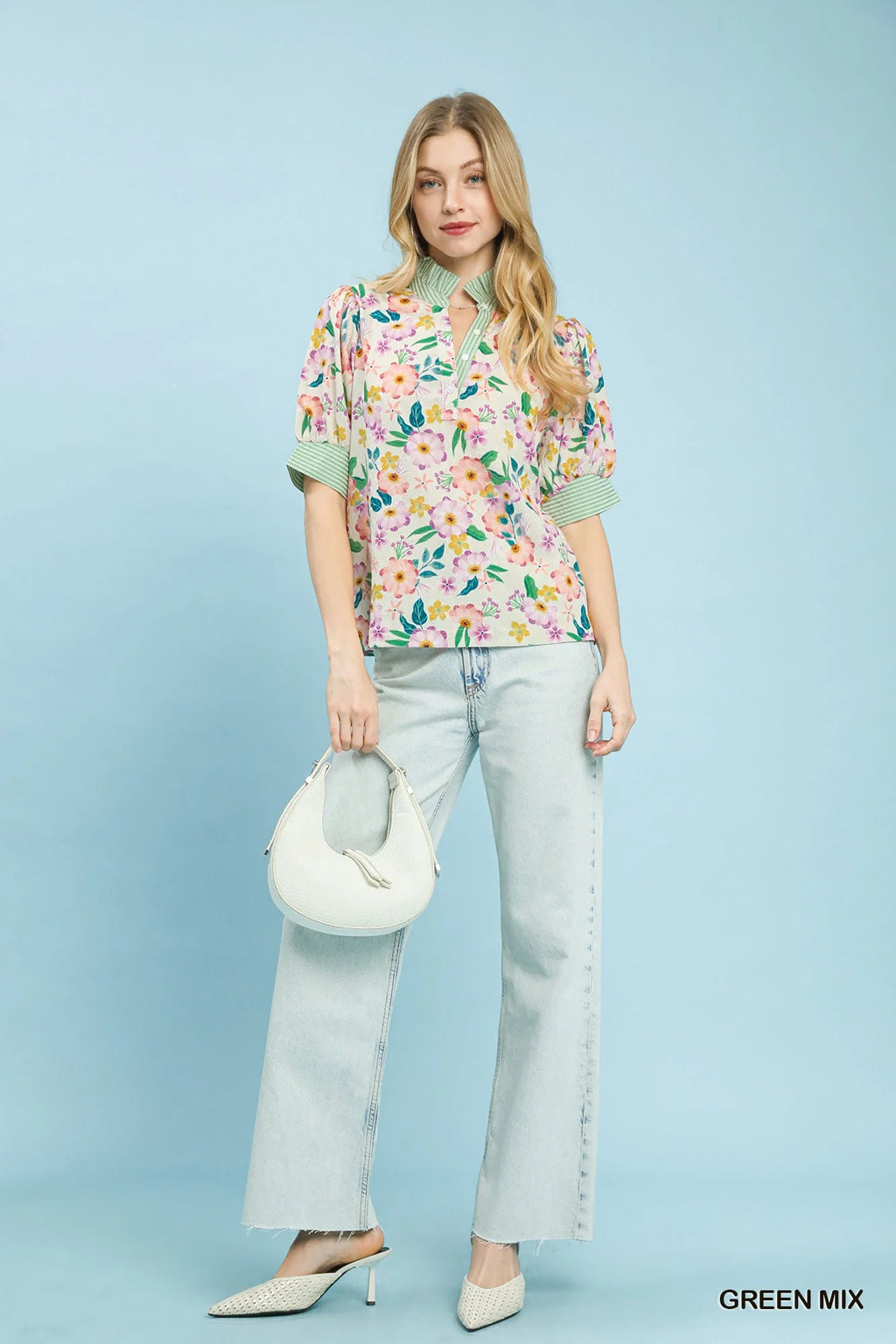 Umgee Floral Print Jacquard Ruffle Top