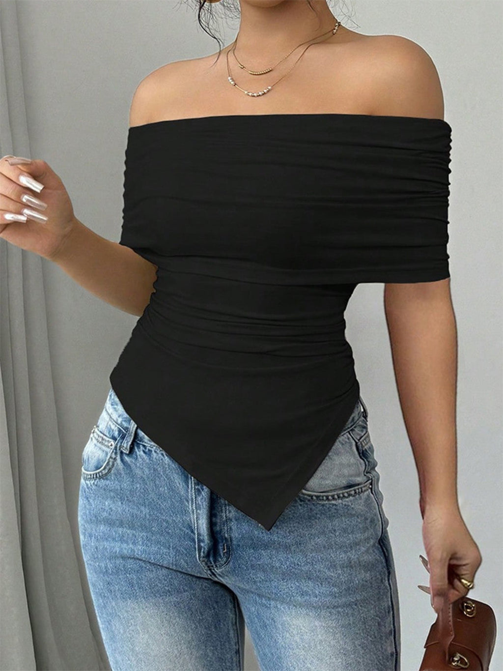 Off-Shoulder Ruched Asymmetrical Hem Top