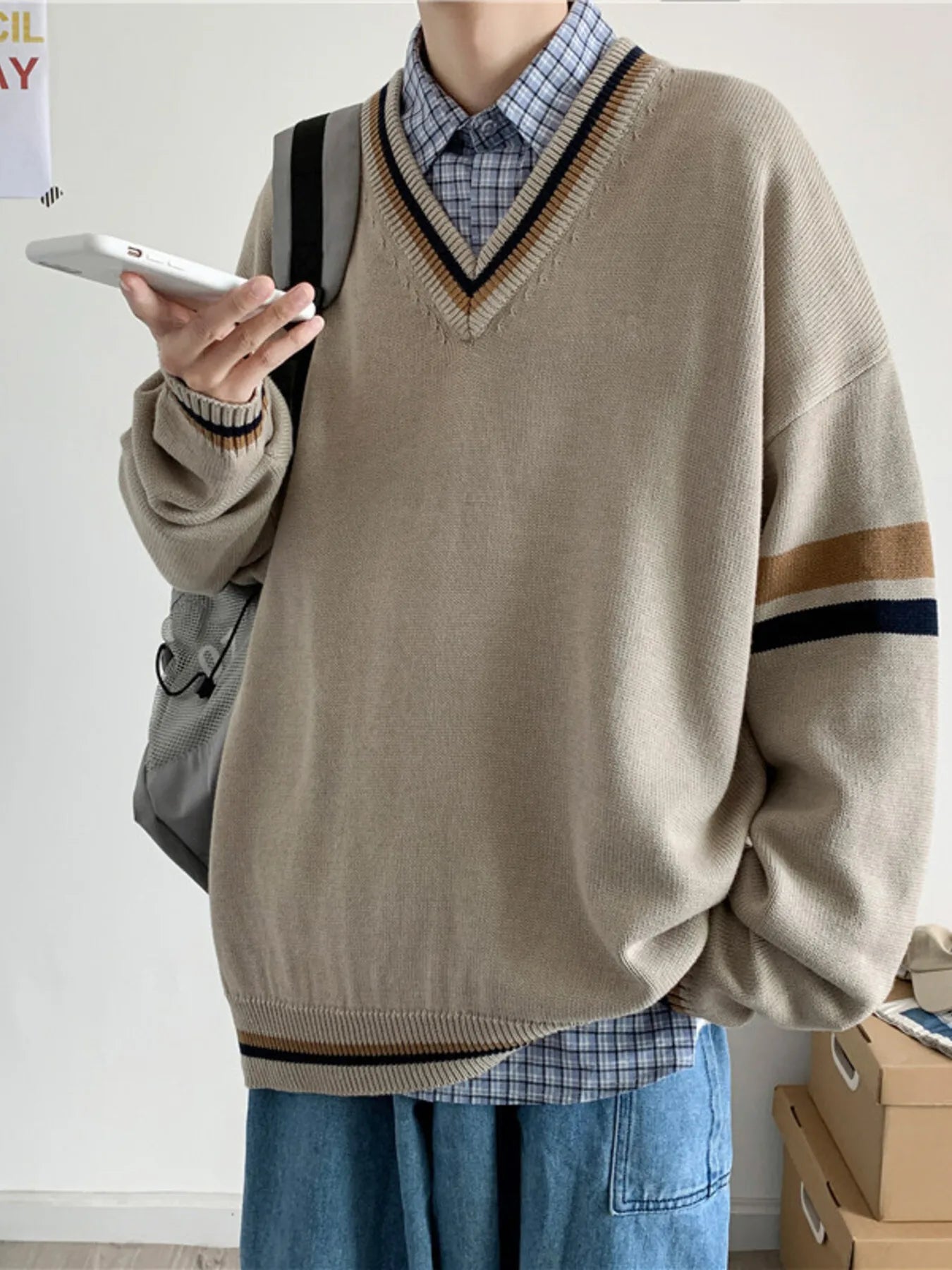 Men's Contrast Striped Long Sleeve Sweater