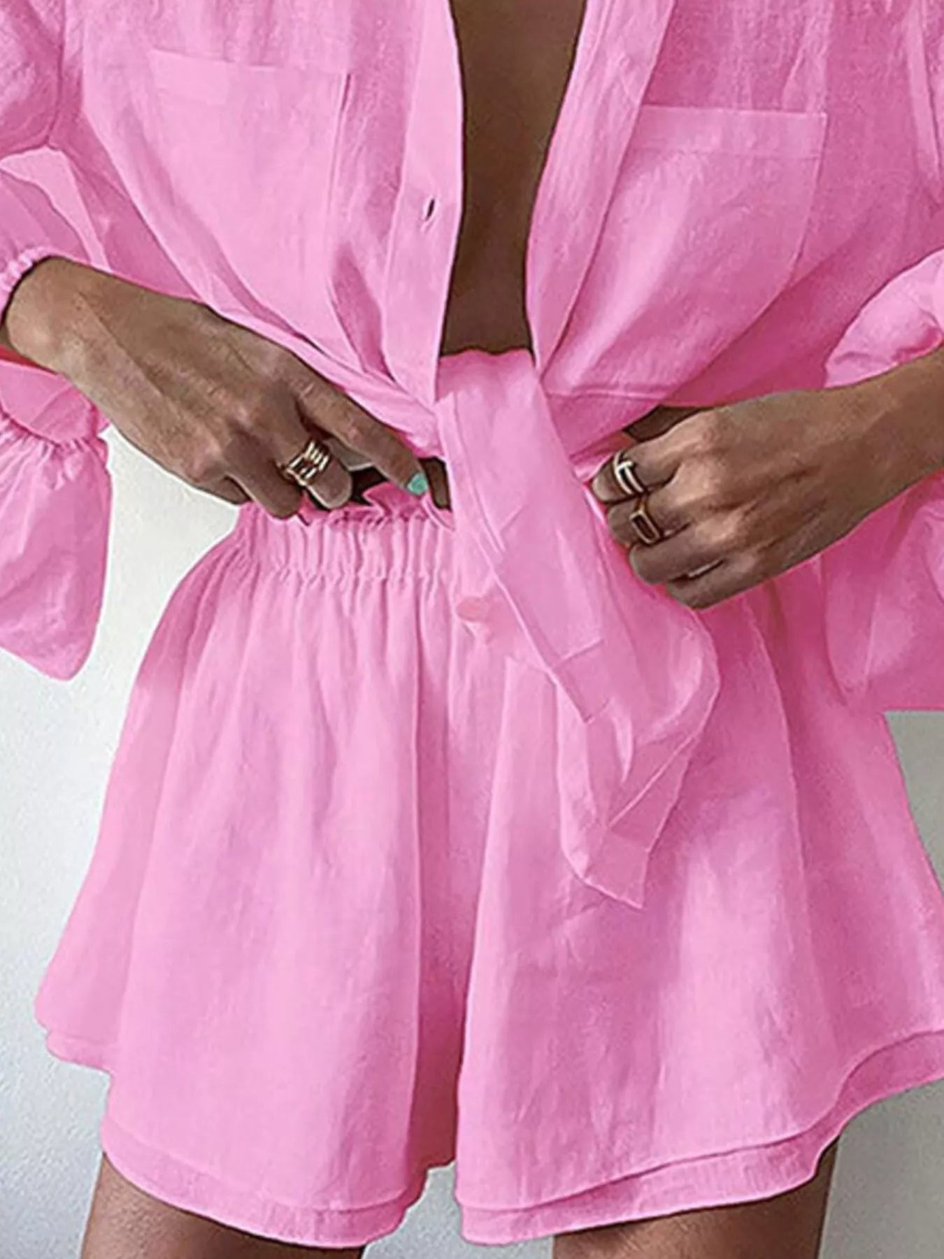 Button Up Long Sleeve Shirt and Shorts Set