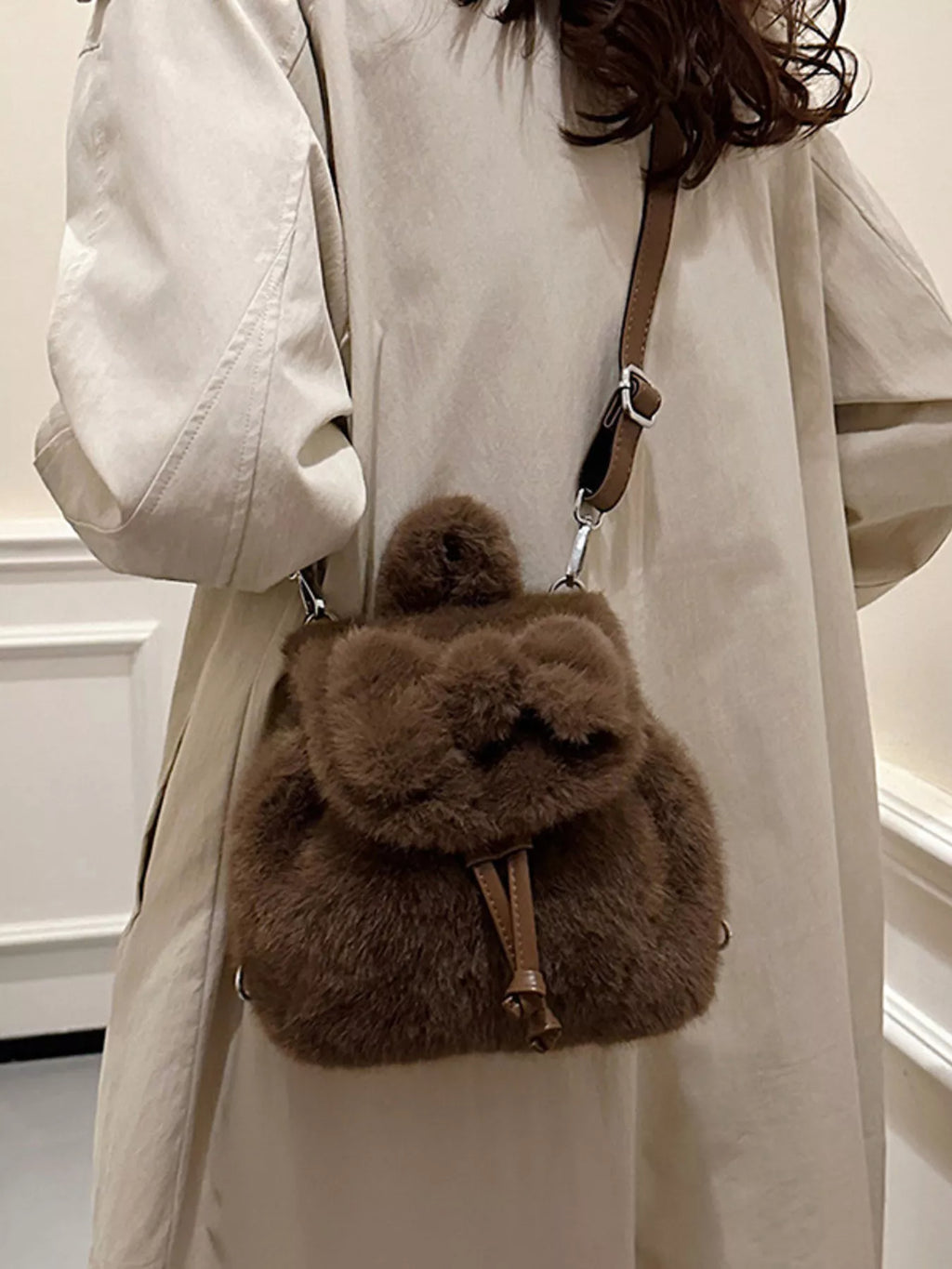 Fuzzy Plush Drawstring Backpack Bag