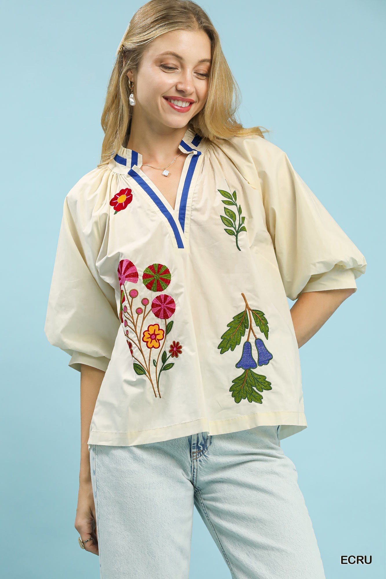 Umgee Embroidered Floral V-Neck Blouse