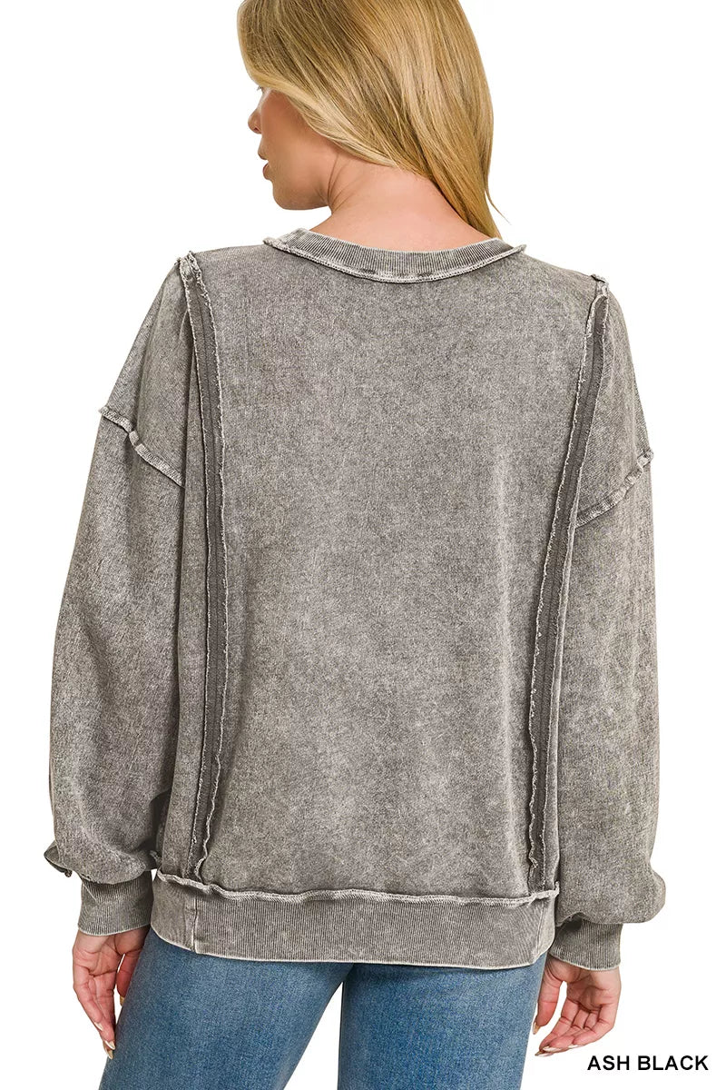 Zenana Snow Washed F/Terry Exposed-Seam Sweatshirt