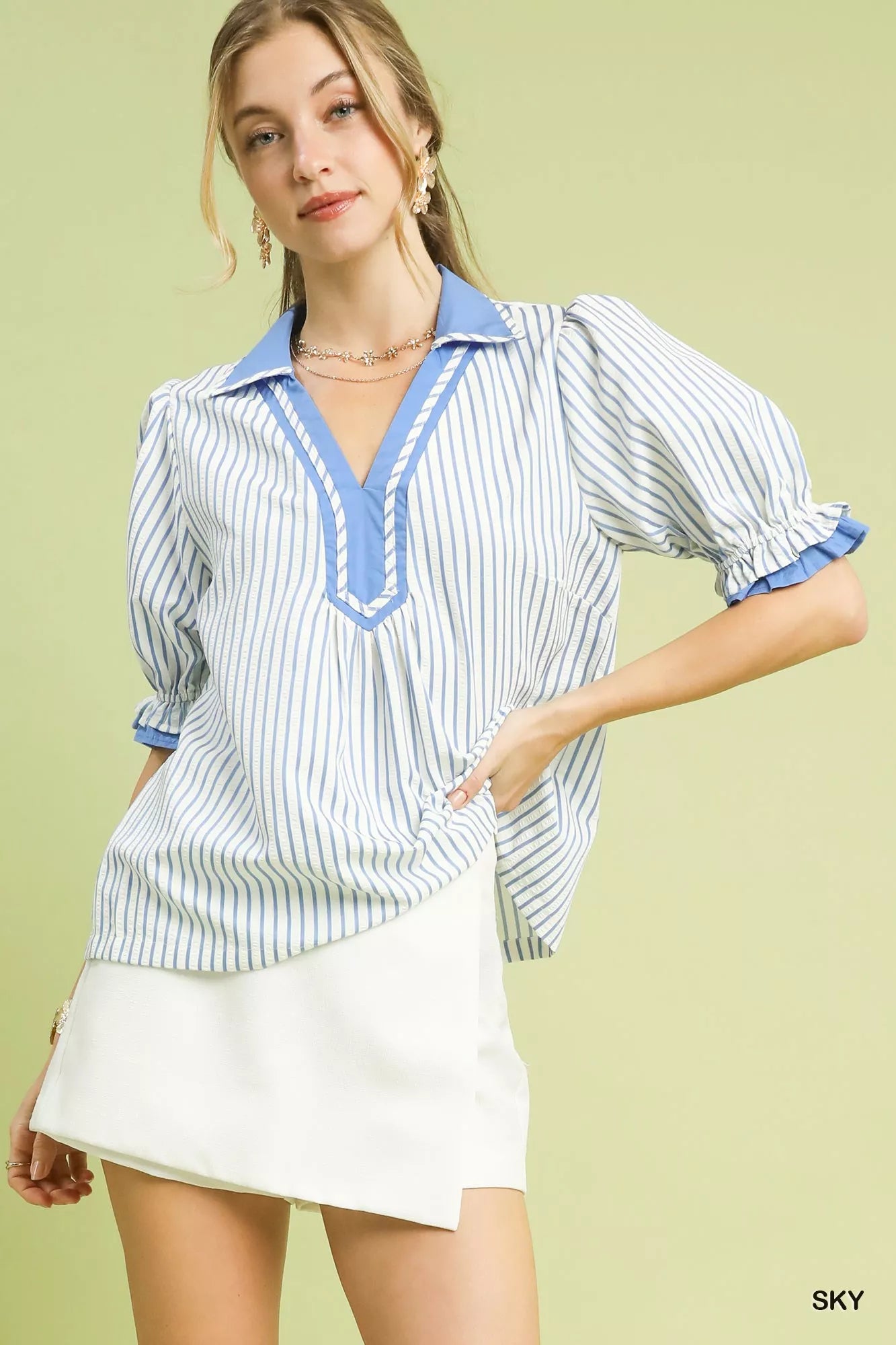 Umgee Seersucker Stripe Ruffle Sleeve Top