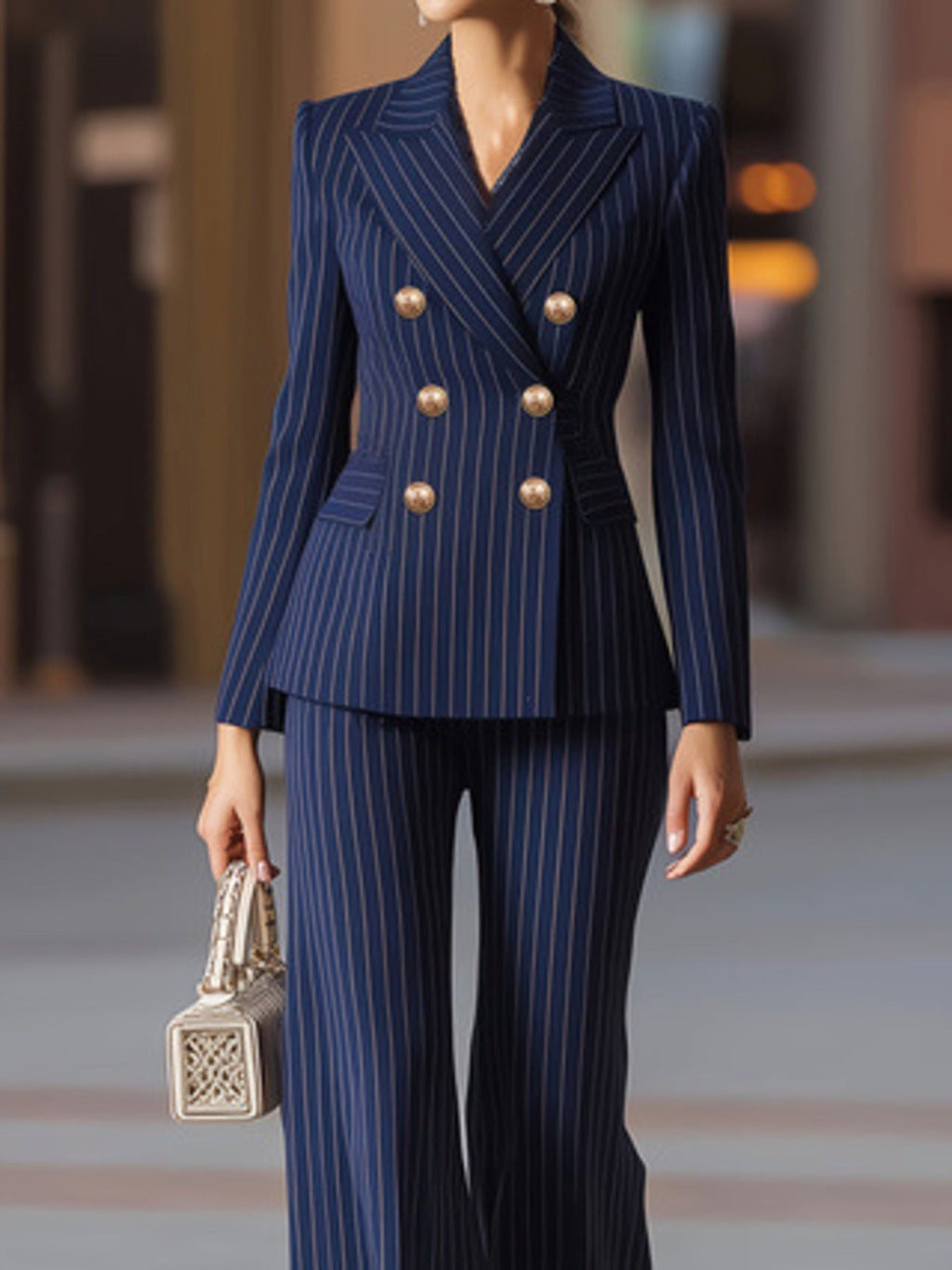Striped Double-Breasted Blazer & Wide Leg Pants Set