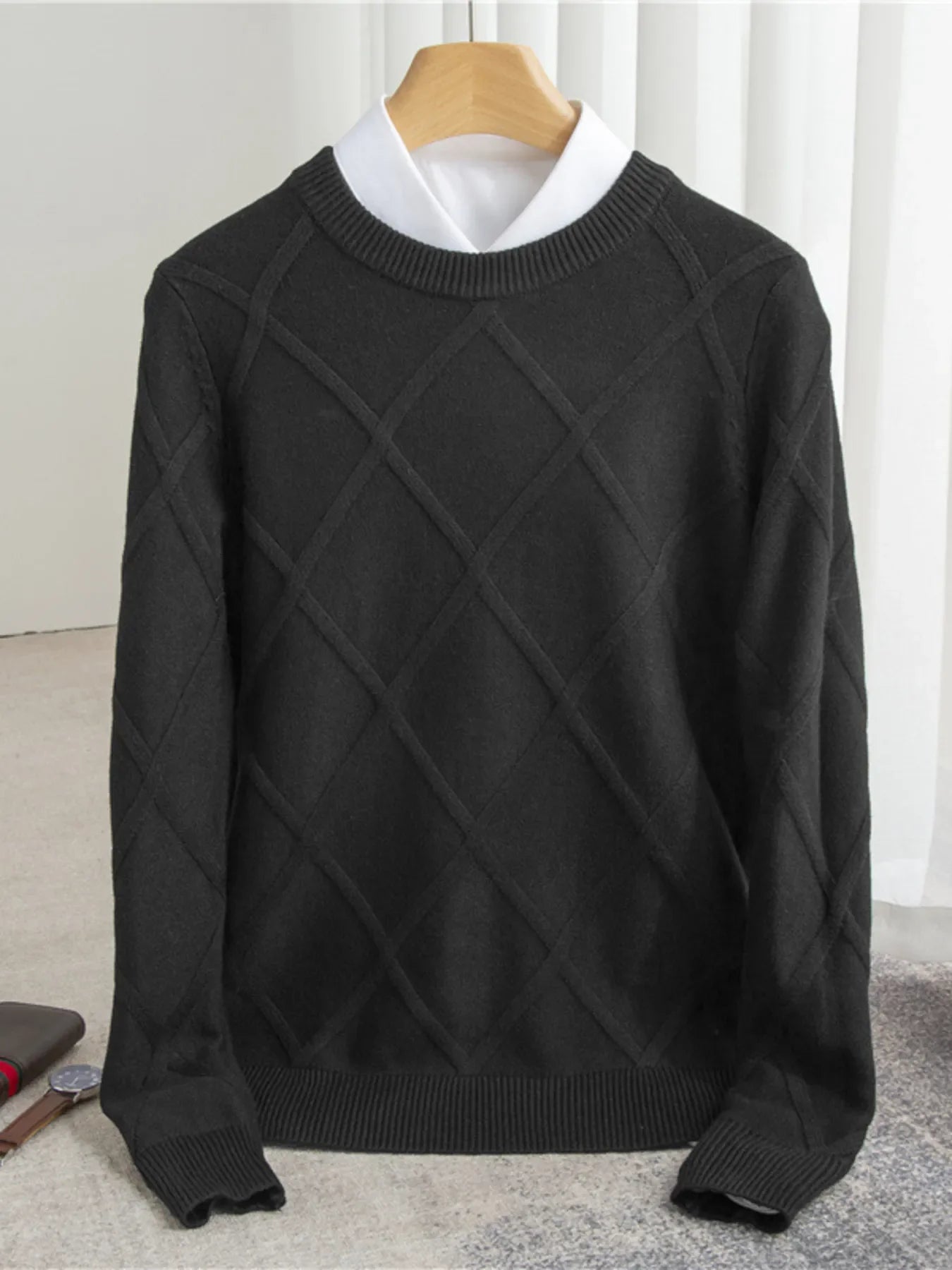 Men's Full Size Diamond Pattern Long Sleeve Sweater Plus Size