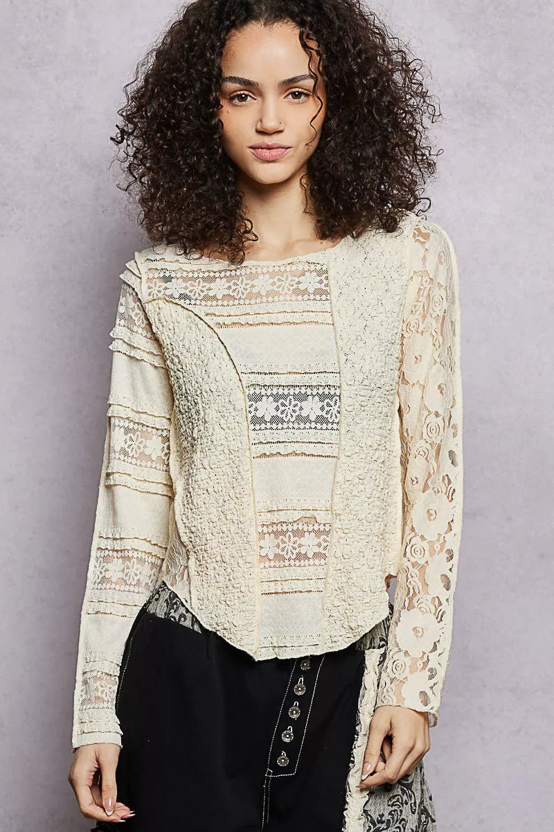 POL Round Neck Long Sleeve Exposed Seam Top with Lace Detail