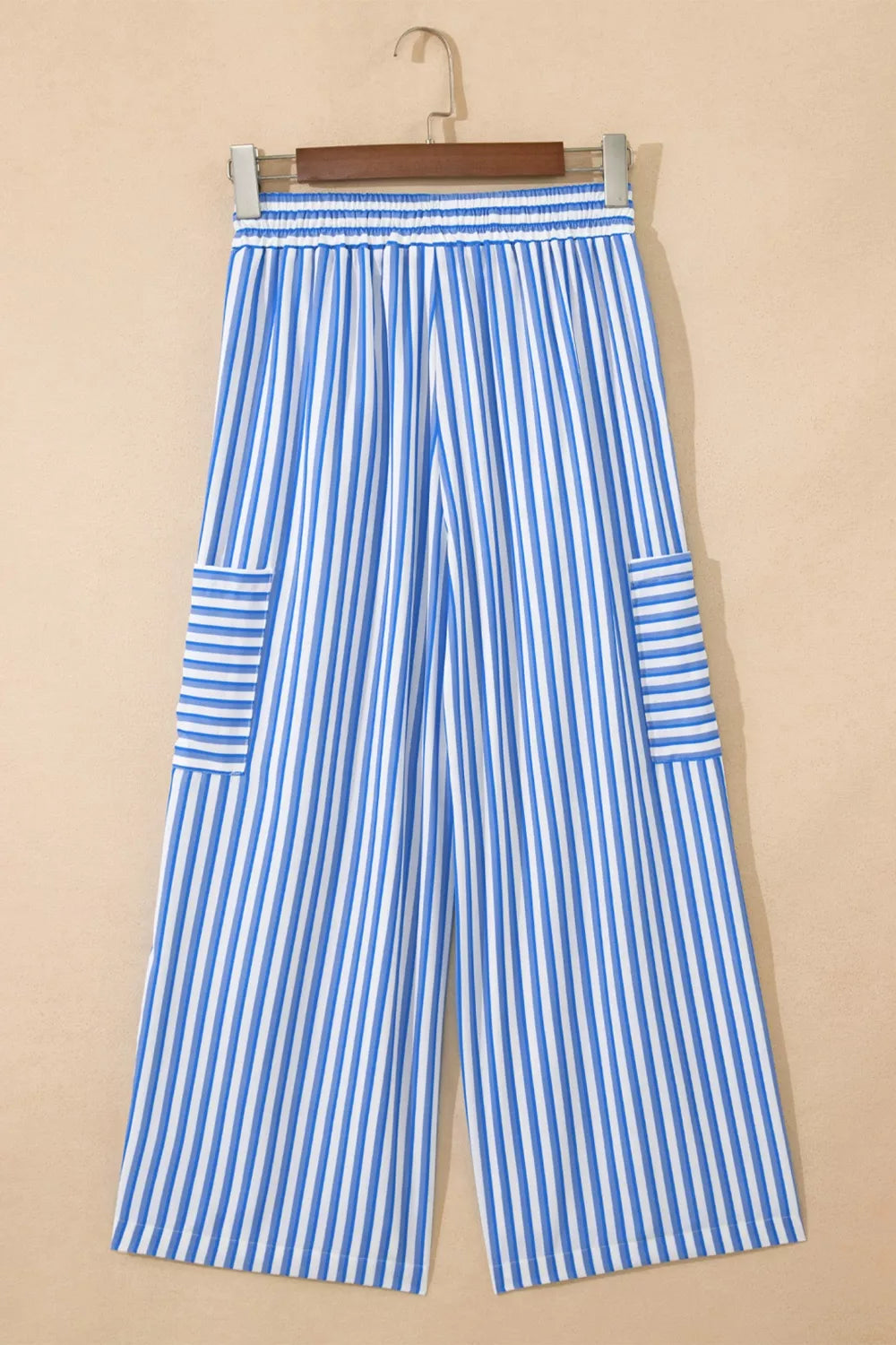 Stripe Drawstring Elastic Waist Patch Pocket Wide Leg Ankle-length Pants
