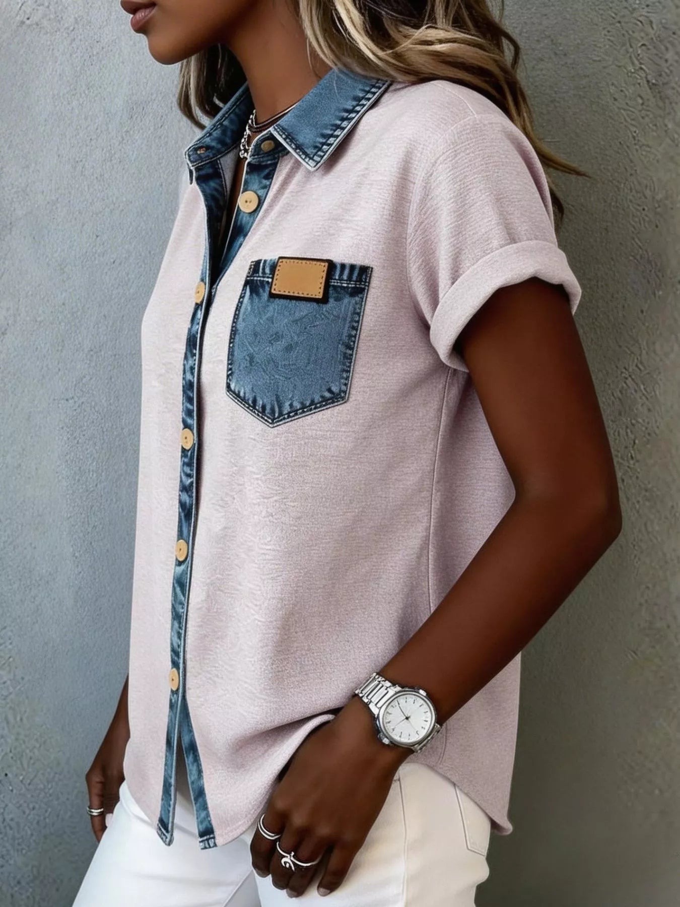 Denim Trim Short Sleeve Shirt